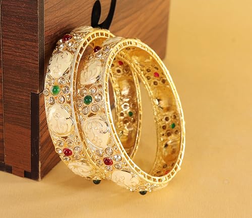 Image of NMII Traditional Gold Plated Metal Bangles Kada Set For Women & Girls With Zircon Diamond Stone | Women's Bangles | Premium Kada Set For Wedding, Party, Occasions Fashion Jewelry - Set Of 2