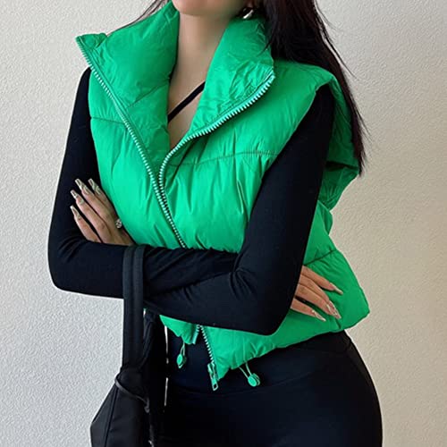 Keomud Women's Winter Crop Vest Lightweight Sleeveless Warm Outerwear Puffer Vest Padded Gilet Green Small #TOP5