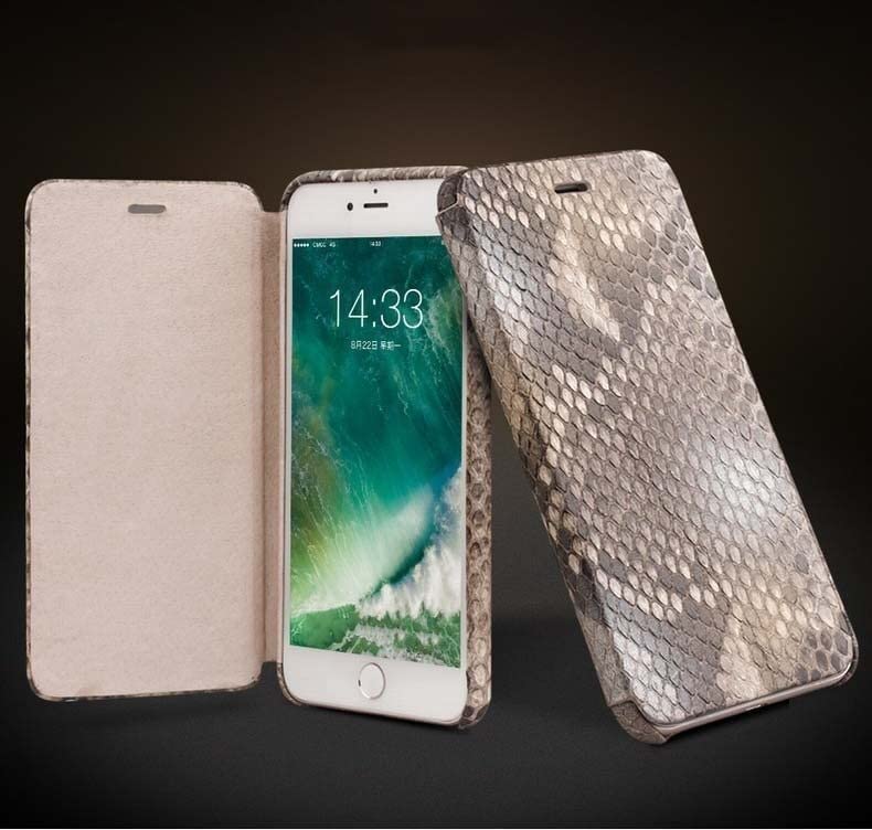 Étui à rabat en cuir iPhone SE3 luxueux folio gris style python