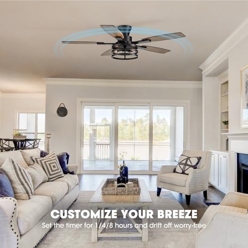 Image of 52 Inch Flush Mount Ceiling Fans with Lights and Remote Control, Low Profile Farmhouse Ceiling Fan for Bedroom Living Room and Patio, Black Caged Ceiling Fan for Indoor and Outdoor