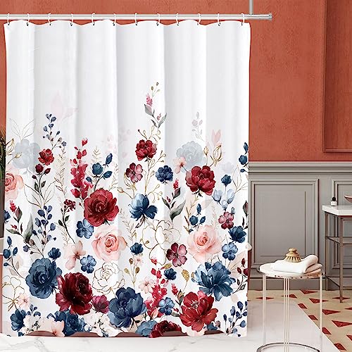 Tititex Aesthetic Navy Red Pink Rose Floral Shower Curtain Sets, Watercolor Gold Flowers Leaves Bathroom Decorative 71x71 Inch Polyester Waterproof Fabric Bath Curtain with Hooks by Tititex - Used condition - Image 2