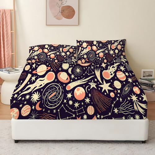 Spanbettlaken 140x200 Planet Spannbetttuch Kosmos Bettlaken Boxspringbett mit Gummizug Spannbettuch Mikrofaser für Matratzen von 30 cm Mit 2 Kissenbezüge 80x80 cm