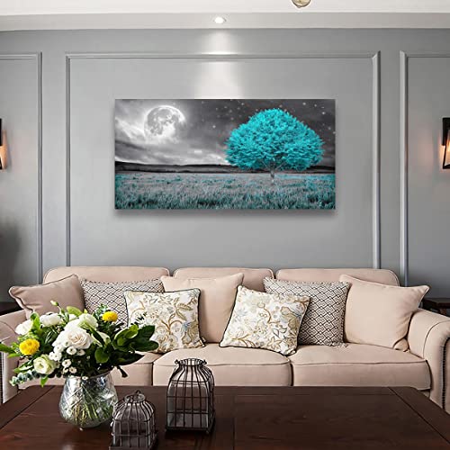 Tree Of Life Wall Art Picture Canvas Prints Room Wall Décor Blue Tree With Full Moon Paintings For Living Room Bathroom Bedroom Home Kitchen Decorations Natural Artwork Wooden Framed 20X40Inches #TOP7