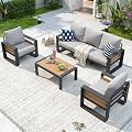 Aoxun Aluminum Patio Furniture Set, 5 Seats Luxury Outdoor Sectional with 6" Olefin Fabric Cushions, Patio Conversation Sets with Coffee Table for Backyard, Porch Light Grey