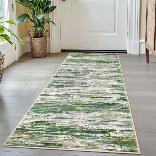 2x5 Green Grey Multi Modern Abstract Runner Rug for Hallway, Super Soft Hallway Decor Kitchen Rugs with Non-Slip, Non-Shedding Washable Rug for Hallways Entryway Bedroom Laundry Indoor