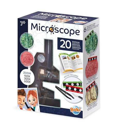 BUKI France – Microscope Enfant 100x 300x 600x – 20 Expériences Scientifiques – Lames prêtes à Observer – Kit Complet dès 7 Ans - MR450