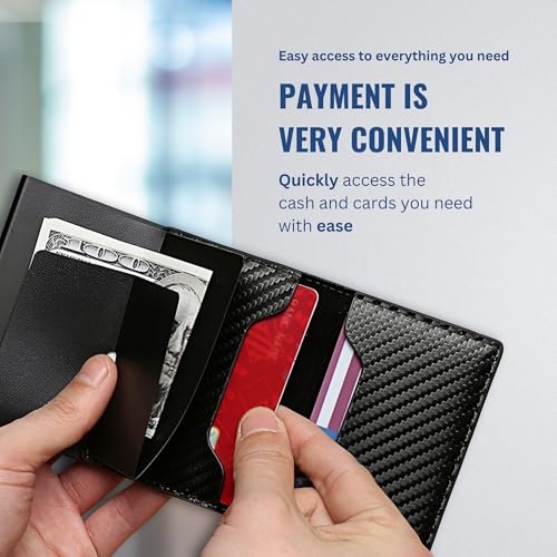 AirTag Wallet for Men: Slim, Compatible with Apple Air Tag, RFID Blocking Technology, Pop Up Aluminum Case, Minimalist | 8-10 Credit Card Capacity | Cash Slot (AirTag Not Included) (Carbon Fiber)2