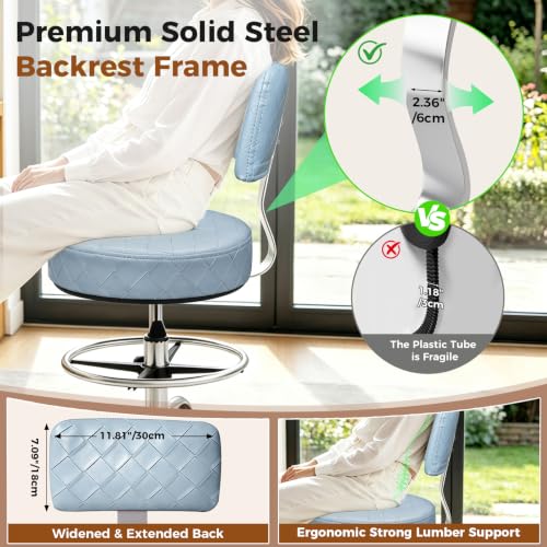 Image of Office Drafting Chair with Footrest, Tall Height Adjustable Stool with Back Support, Heavy Duty Rolling Stool Chair with Wheels for Office Home Kitchen Bar Shop Guitar Studio Vanity, Dusty Blue