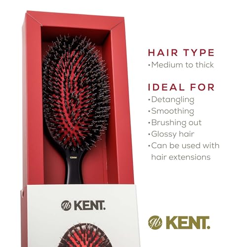 Kent CSMM 7.75" Classic Shine Medium Oval Cushion Straightening Brush - Natural Black Boar Bristle Hair Brush with Nylon Quills - Shine Hair Brush and Scalp Scrubber for Shoulder to Mid Length Hair
