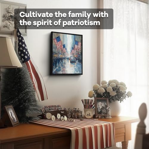 American Flags Wall Art, rainy city reflections, urban impressionist wall decor, brushstroke framed canvas print, patriotic poster, for office hallway veterans gift, 12x15 inch - Image 5