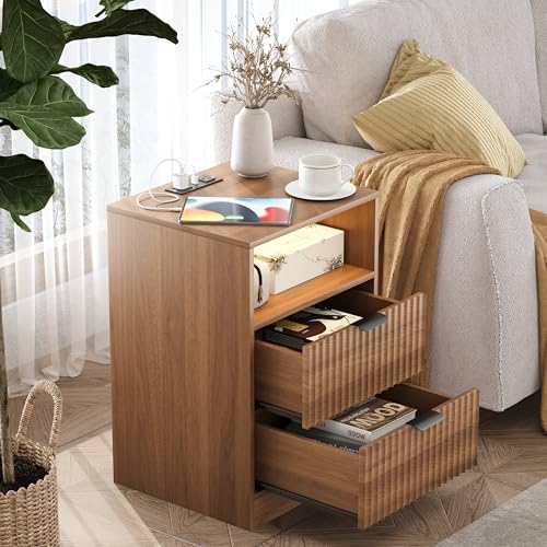 Image of Wodeer LED Nightstand with Charging Station, Fluted Nightstand Set of 2, Wood Nightstands with 2 Drawers & Metal Handles, Modern Bedside Table & End Tables, Farmhouse Night Stands for Bedroom, Walnut