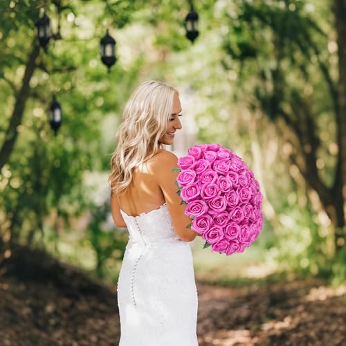 Image of HyeFlora 50 PCS Roses Artificial Flowers, Fake Roses with Stem Realistic Hot Pink Silk Rose for DIY Wedding Bouquets Table Centerpieces Arrangements Baby Shower Birthday Home Decor for Her