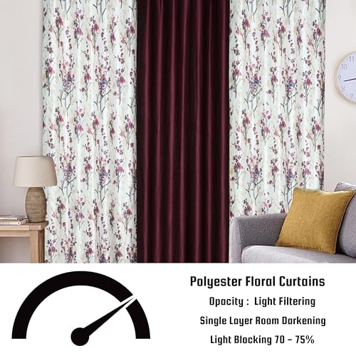 Image of 6 Feet Polyester Floral Light Filtering Window Curtains for Living Room, Bedroom & Dining Room, Eyelet Top, Wine Printed and Solid Plain Curtain Set of 3