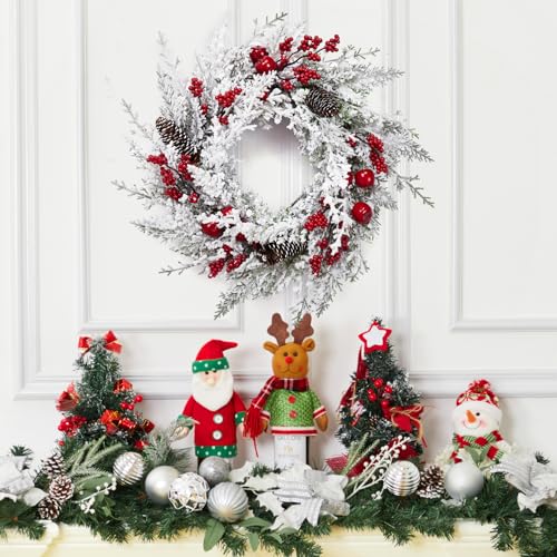 GAOMON 18 Inch Artificial Christmas Wreaths for Front Door, Snow Flocked Christmas Wreath with Red Berry, Little Red Apples and Pine Cones for Xmas Hanging Decorations Indoor Outside Decor
