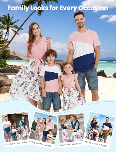 Image of PATPAT Family Matching Outfits Mommy and Me Outfits Floral Dress & Tee Sets | Couples Matching Outfits, Women Girl Flutter Sleeve Dress, Men Boy Cotton Blend T-shirts, Beach Vacation, Family Photoshoot