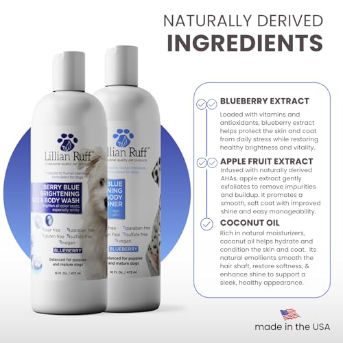Lillian Ruff PRO Formula Berry Blue Brightening Dog Shampoo & Conditioner Set - Professional Show-Quality Whitening, Stain & Odor Eliminator, Hydrating Relief for Dry Skin, ProVitamin B5, USA Made - Thumbnail 4