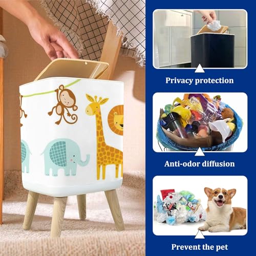 Image of Trash Can with Lid A Set Cute Jungle Animals Elephant Lion Giraffe Monkey Garbage Can Rectangular Waste Bin Press Cover Dog Proof Wastebasket for Kitchen Bathroom Living Room Nursery