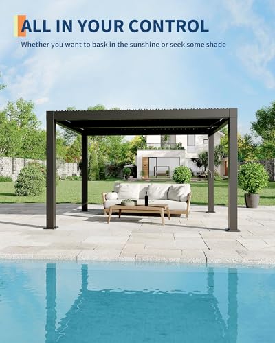 Image of Garveelife All-Aluminum Louvered Pergola 10 ft x 12 ft, Outdoor Pergola with Adjustable Louvered Roof, Reinforced Aluminum Frame, Integrated Drainage System, Hardtop Gazebo for Patio, Deck, Gray