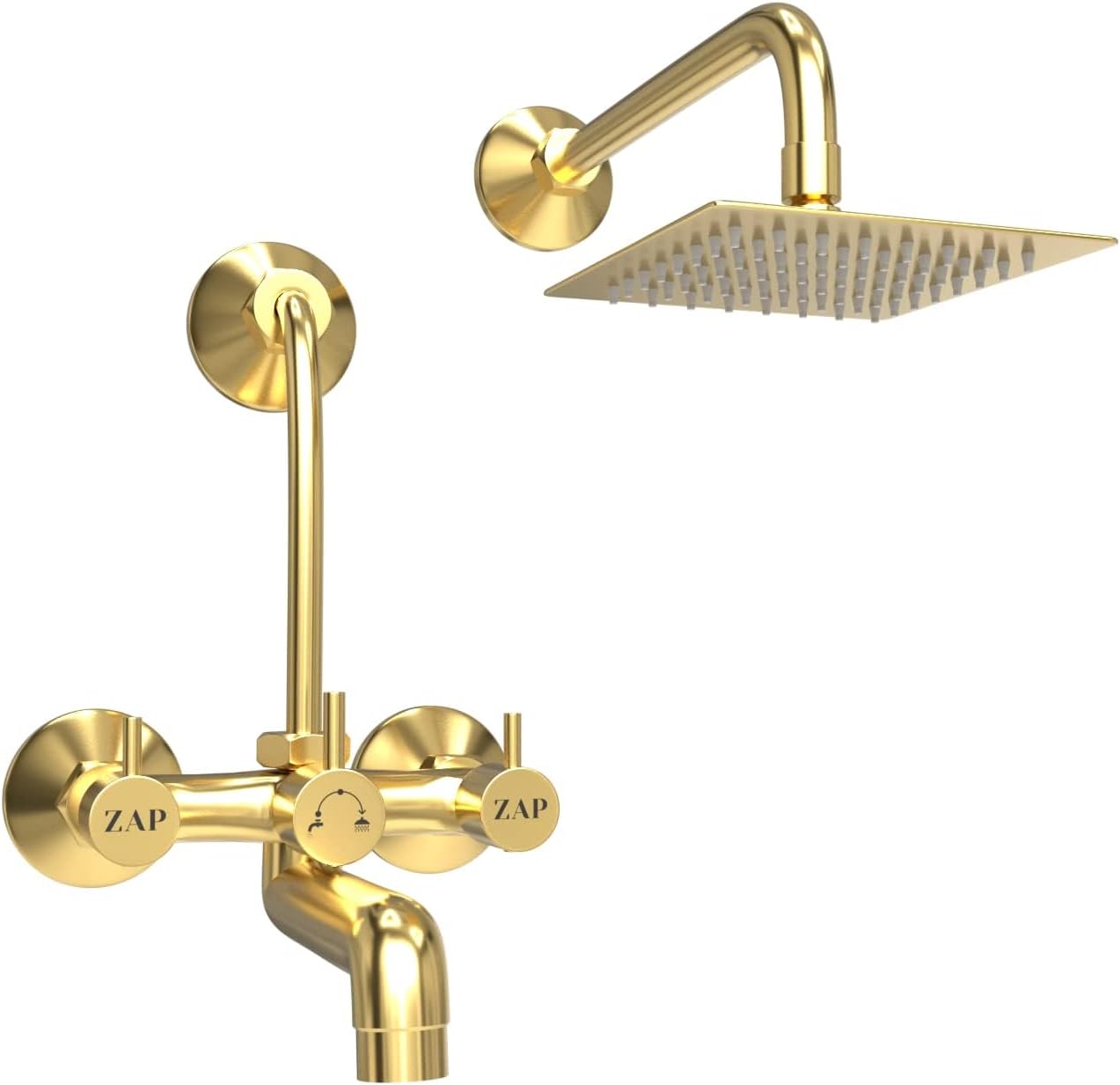 ZAP Elixir Gold Series Brass 2-in-1 Wall Mixer with Overhead Shower Set, 125 mm Long Bend Pipe, Hot & Cold Knobs, Chrome Finish, and Faucet Cleaner