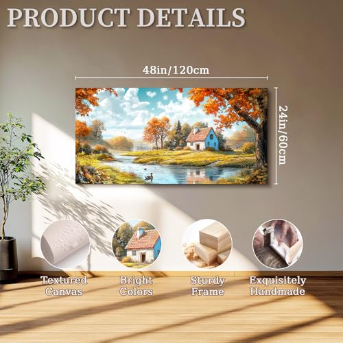 SERIMINO Nature Landscape Wall Art, Lakeside Farmhouse Canvas Large Artwork, Autumn Forest Cottage Scenic Wall Prints, Rustic Pictures Wall Decor Living Room Bedroom Bathroom Kitchen 24"X48"