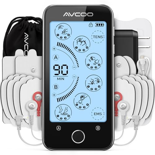 AVCOO Large Touchscreen TENS Unit Muscle Stimulator for Back Pain Relief, TENS Machine with 24 Modes & 20 Levels, Dual-Channel Stim Machine with Rechargeable Battery for 40 Hour-Usage, 12 TENS Pads