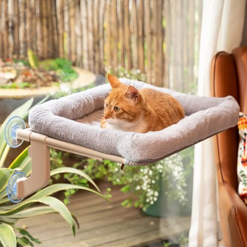 YeeLok Window Sill Cat Perch with Large Bolster, Strong Metal Frame, Tool-Free, Easy to Assemble & Adjust, Suction Cups, Perfect for Window Sills, Bedside and Glass (Gray, Large)