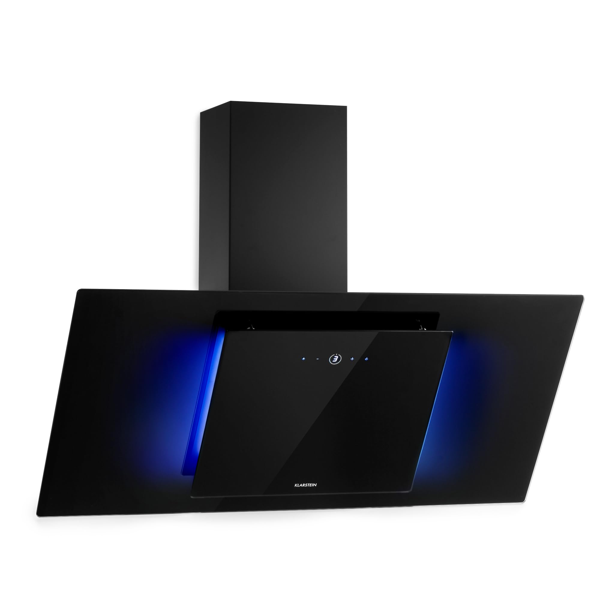 Klarstein Eleonora - Okap skośny, Klasa energetyczna A++, Wydajność wyciągu: 420 m³/h, Sterowanie dotykowe, Podświetlenie RGB, 59 dB, Recyrkulacja i wyciąg, Filtr przeciwtłuszczowy, 90 cm, czarny