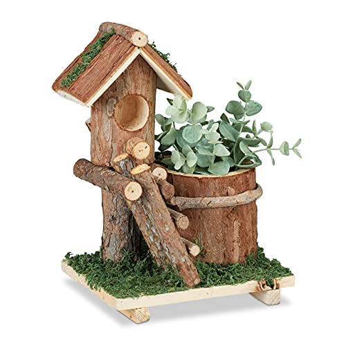 Relaxdays Holz Blumentopf, mit Deko Vogelhaus & Moos, Baumstamm Übertopf, rustikale Dekoration, innen & außen, braun