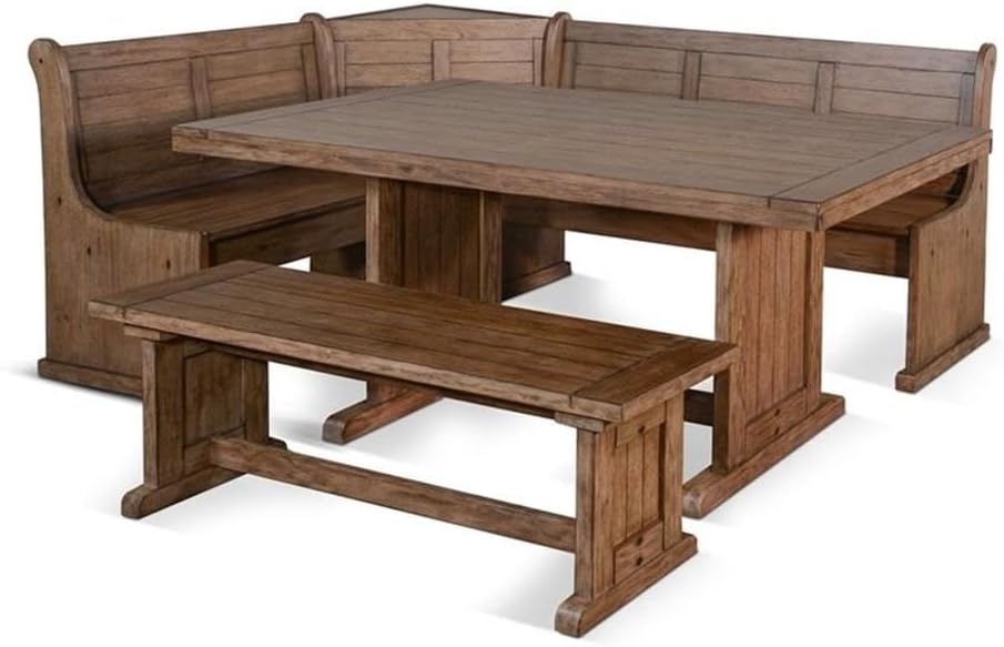Pemberly Row 75" x 56" Farmhouse Wood Breakfast Nook Set with Table, Lift Seats, Hidden Storage, Reversible Benches, for Small Spaces, in Buckskin/Taupe Brown Finish