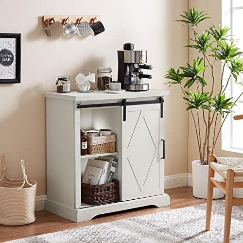 Okvnbjk Buffet Cabinet with Storage, Farmhouse Coffee Bar Cabinet, 32in Sideboard Accent Cabinet with Sliding Barn Door, Buffets & Sideboards for Kitchen Living Room (White)