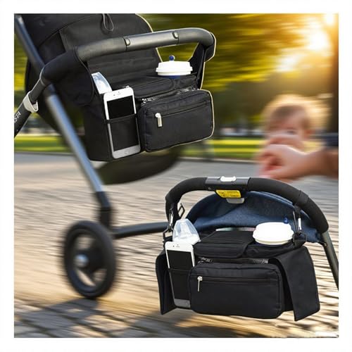 Anfylife Unversal - Organizador de cochecito con 2 portavasos aislados, gancho ajustable + correa para UPPAbaby/Bugaboo, organizador de pañales de 8 bolsillos y dispensador de toallitas, color negro
