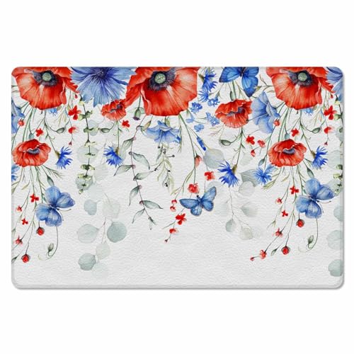 Red Blue Poppy Flowers Antifatigue Kitchen Bath Door Mat Cushioned Runner Rug,Washable Welcome Floor Sink Mat,Waterproof & Non-Slip Standing Doormat for Kitchen,4th of July Patriotic Flower 20