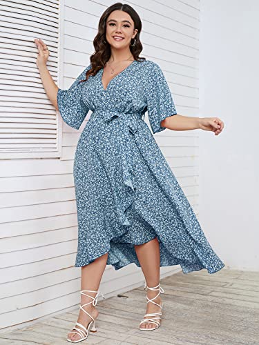 Image of SCOMCHIC Women Plus Size Maxi Dress Short Sleeve Wrap V Neck High Low Split Ruffle Long Dress