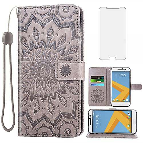 Phone Case for HTC 10 Smartphone Lifestyle Wallet Cases with Tempered Glass Screen Protector and Leather Slim Flip Cover Card Holder Stand Cell Accessories HTC One M10 HTC10 HTCM10 Women Men Gray