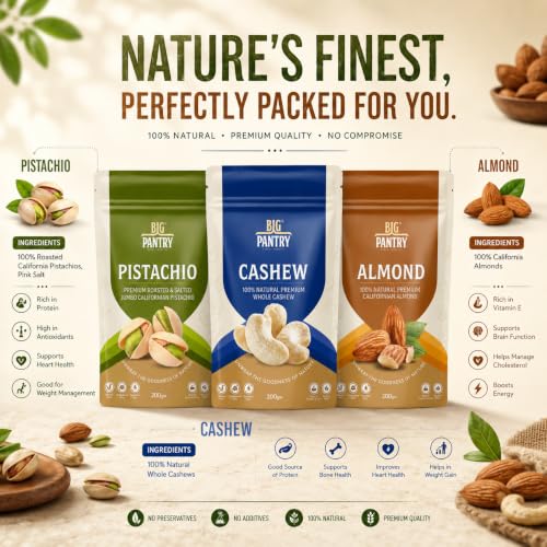 Image of BIG Pantry Rakhi Dry Fruits Gift Combo Pack (Pistachio Roasted & Salted + Whole Cashew + California Almond) 200g Each | Premium Healthy Festival Gift Hamper | Raksha Bandhan Gift Box