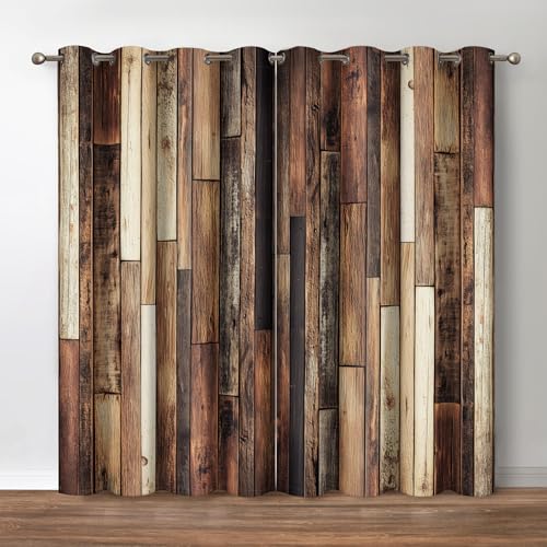 Jekeno Rustic Wooden Blackout Curtains Brown Wood Hardwood Floor Plank