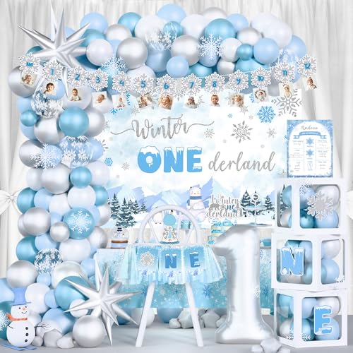Winter Onederland 1st Birthday Boy Decorations Winter Snowflake 1st Birthday Party Supplies Winter Wonderland First Dcor Kit Our Little Snowflake is Turning One Balloon Garland Banner for 1st Boy