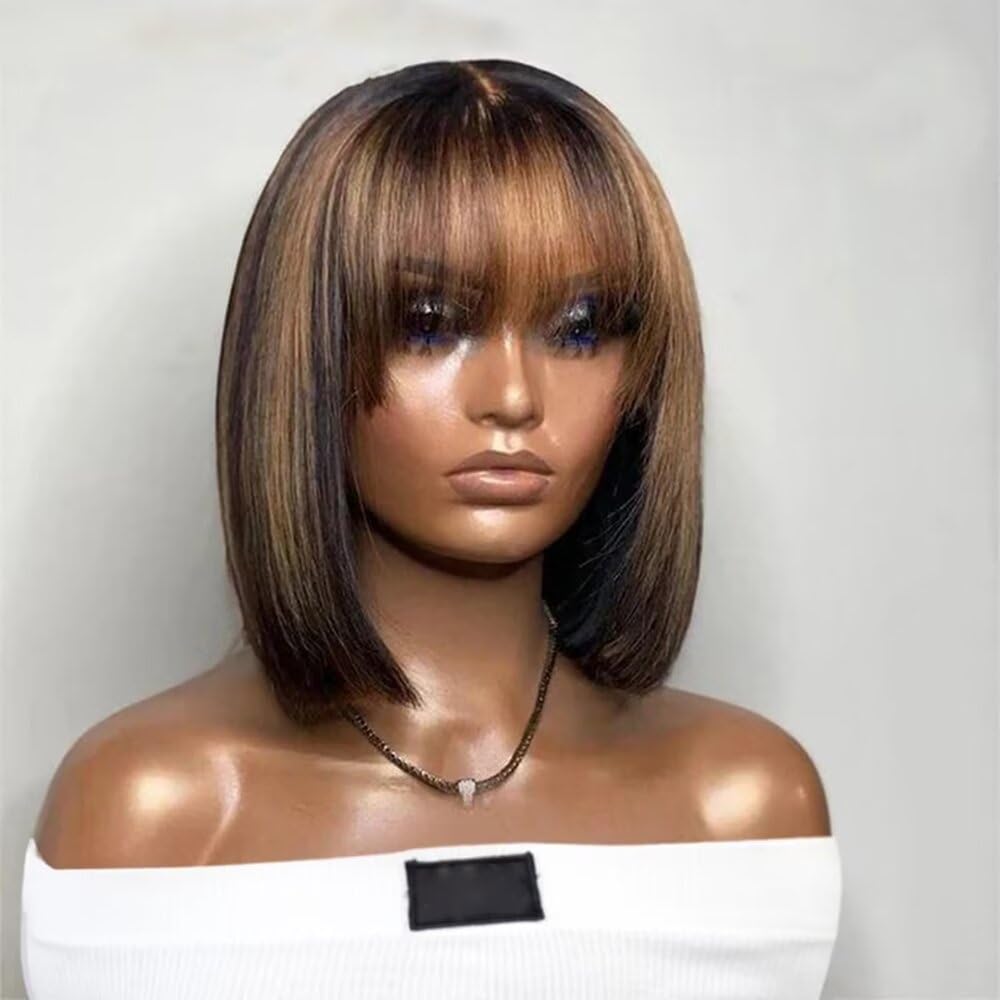 Highlight Color Short Bob Wig with Bangs Human Hair Wig 1b/27 Honey Blonde Straight Bob Brazilian Remy Hair 13x4 HD Transparent Lace Front Wig Pre Plucked 150% Density Bleached Knots 8inch