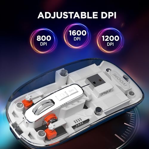 Image of iVOOMi Opaque White Rechargeable Wireless Mouse, Dual Mode (2.4GHz+BT), Dual Bluetooth, Silent Operation, Transparent Body, RGB, Battery Indicator, Compatible with Win /Mac /Linux /Android