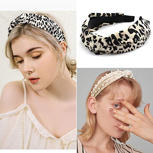 TOBATOBA Headbands for Women, Pearl Headband Leopard Headbands for Women Girls, Cute Headband with Pearls, Wide Top Knot Headband, Beaded Women headbands Fashion Hair Accessories for Women and Girls