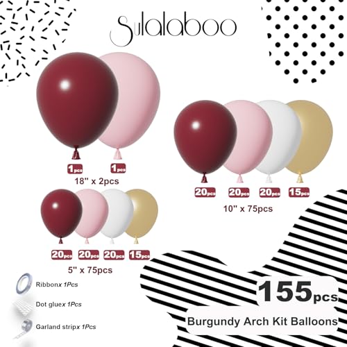 Image of Burgundy Balloons Arch Kit 155Pcs Pink White Gold 18 10 5 Inch | Maroon Light Pink Metallic Balloon Different Sizes Latex Garland for Birthday Anniversary Graduation Party Decorations