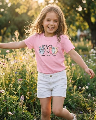 Image of SOFEON Kids Girls Easter Shirt Bunny Peace Love Peeps T-Shirt Cute Funny Rabbit Graphic Tees Short Sleeve Casual Tops
