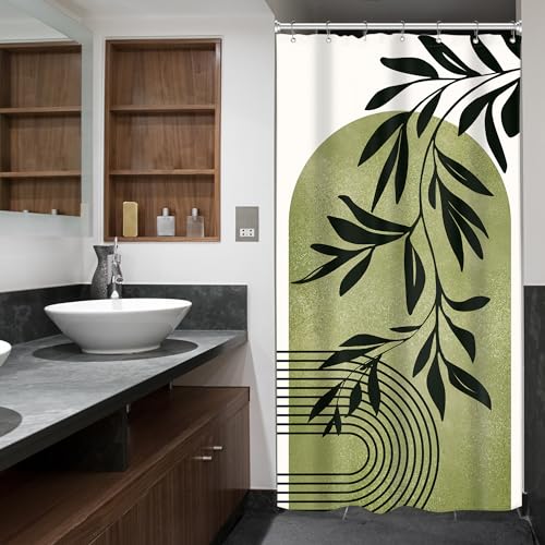 Image of Riyidecor Small Stall Green Mid Century Arch Shower Curtain Boho Bohemian Leaf Modern Neutral Rv Narrow Half Size 36Wx72H Inch Simple Minimalist Fabric Decor Bathroom Polyester Waterproof Hooks