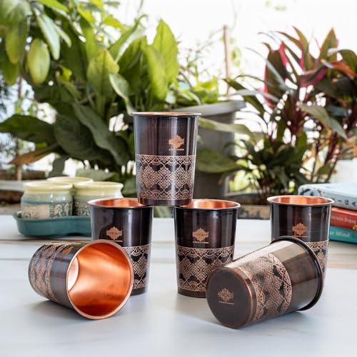Image of INDIAN ART VILLA Copper Antique Dark Embossed Drinking Glass, Pure Copper Ayurvedic Water Tumbler for Home, Office, Restaurant Use, Traditional Drinkware Gift Item, 275 ML, Set of 6