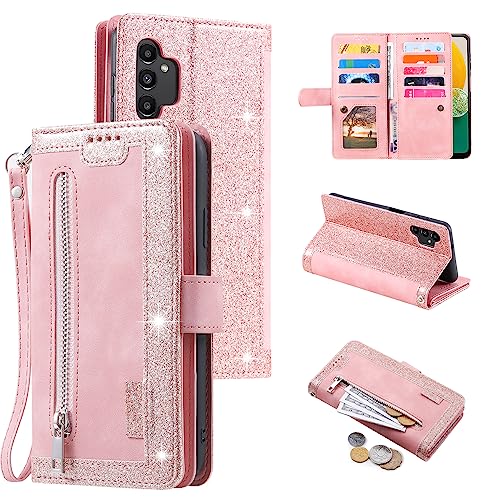 EYZUTAK Wallet Phone Case for Samsung Galaxy A13 5G/4G/A04S, Retro Matte 9 Card Holder Slots Zipper Pocket Case PU Leather Magnetic Closure Kickstand Wrist Strap Shockproof Folio Flip - Rose Gold