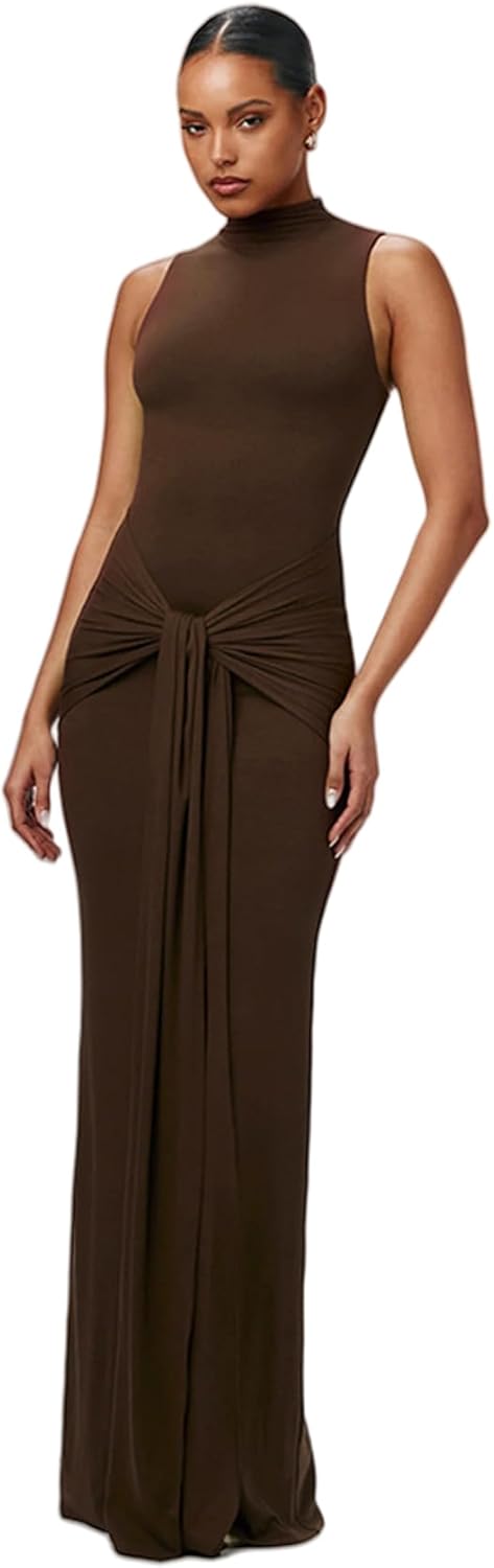 JUMISEE Women's Sexy High Neck Long Sleeve Maxi Dress Elegant Tie Waist Bodycon Long Dress Cocktail Party Dress - Image 2