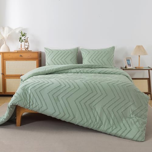 Image of Andency Sage Green Comforter Full, Boho Soft Fluffy Warm Lightweight Bedding Comforter Sets for Full Bed, 3 Pieces Light Green Chevron Tufted Aesthetic Microfiber Lightweight Comforter Set