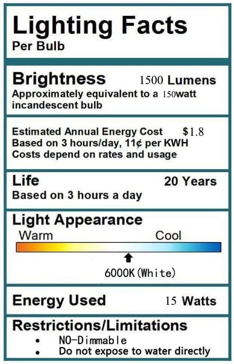 Lighting Facts label for the bulb, detailing brightness, estimated annual energy cost, life expectancy, light appearance (6000K White), energy used, and restrictions (non-dimmable, no direct water exposure).
