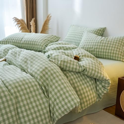 Image of EAVD Vintage Style Green&White Plaid Gingham Duvet Cover Queen Soft 100% Washed Cotton Fresh Grid Checkered Gingham Bedding Set with 2 Pillowcases Farmhouse Green Plaid Duvet Cover with Zipper Closure