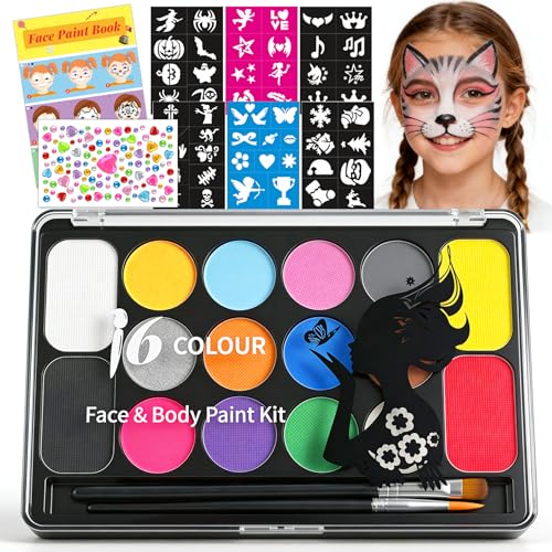 Mekkyes Tintas rosto para crianças - 16 cores pintura facial com 52 modelos e 2 pincéis - pintura facial Halloween carnaval